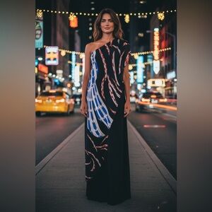 Vintage 60's Black Abstract Scarf One Shoulder Dress Theme Size S